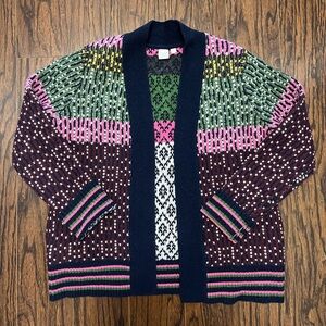 TWIK by Simons Multicolor Fair Isle Open Cardigan with Navy Trim with pockets